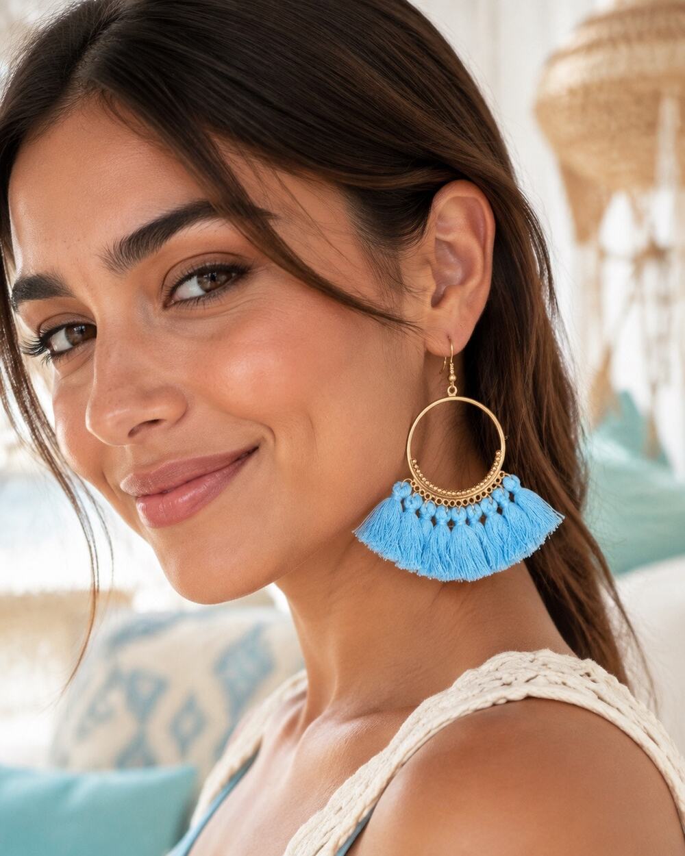 Blue Tassel Earrings Gold Tone Hoop Boho Festival Statement Dangle